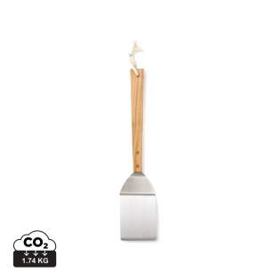A solid stainless steel spatula, perfect for frying fish or pizza. Ash wood handle.