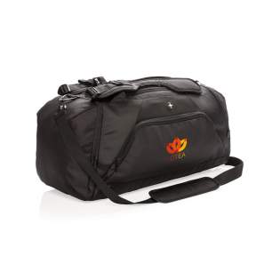 Lightweight 1680D and 600D polyester 2-in-1 bag. Works as both a backpack & duffle. Includes a roomy main compartment with a U-shaped top zipper closure, a side entry shoe or dirty clothes compartment and a side zippered pocket. The back with a bottle holder pocket and quick access pocket. Front zippered pocket with 2 RFID protected sleeves. Adjustable shoulder straps for carrying comfort and versatility. PVC Free.