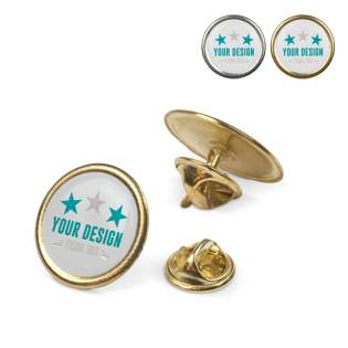 Round pin with doming. Butterfly closure. Round pin with doming. Butterfly closure.