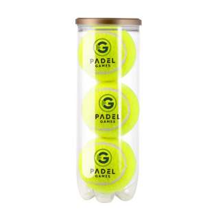 3 printed gas filled padel balls packed in transparent tube.