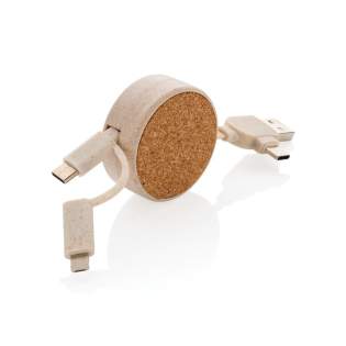 Uniek ontwerp intrekbare kabel waarmee u elk type item kunt opladen vanaf elk type USB-bron. Gemaakt van kurk en tarwestro (35%) gemengd met ABS en PVC-vrije TPE-kabel. Door de type C input is de kabel perfect voor nieuwere generatie telefoonladers en macbook computers die alleen type C output hebben. De kabel heeft ook een normale USB A-ingang. Uitgang: type C en dubbelzijdige connector voor IOS- en Android-apparaten. Max kabellengte: 100 cm. Artikel 100% PVC-vrij.<br /><br />PVC free: true Uniek ontwerp intrekbare kabel waarmee u elk type item kunt opladen vanaf elk type USB-bron. Gemaakt van kurk en tarwestro (35%) gemengd met ABS en PVC-vrije TPE-kabel. Door de type C input is de kabel perfect voor nieuwere generatie telefoonladers en macbook computers die alleen type C output hebben. De kabel heeft ook een normale USB A-ingang. Uitgang: type C en dubbelzijdige connector voor IOS- en Android-apparaten. Max kabellengte: 100 cm. Artikel 100% PVC-vrij.<br /><br />PVC free: true
