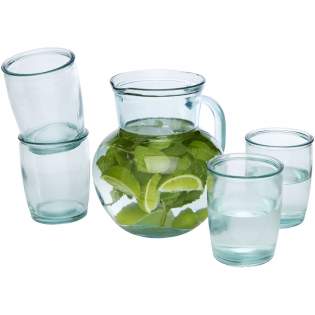 5-piece recycled glass set featuring one 2.3 litres jar and four 430 ml cups. Made from 5 glass bottles. Recycled glass is manufactured using less energy, raw material, and additives, than what is required for making traditional glass. 