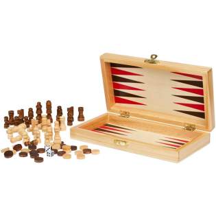 The Mugo wooden 3-in-1 game set is a perfect companion for game enthusiasts and families seeking versatile entertainment. This set combines the timeless and classic games of chess, checkers, and backgammon, providing hours of fun and strategic challenges. Crafted from responsibly sourced premium pine wood, the box has a natural and rustic charm. Its sturdy construction ensures long-lasting durability, while the iron hinges and lock add a touch of elegance and secure the contents inside. Additionally, the set includes two dice made of high-quality melamine. Whether strategizing in chess, competing in checkers, or engaging in the tactical gameplay of backgammon, this set offers endless possibilities to make lasting memories. Delivered with a kraft paper gift box and an instruction manual.