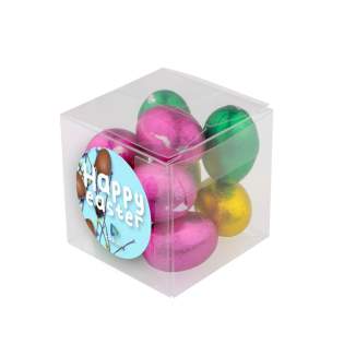 Transparenter Würfel Ostern, Vorderseite 4c-Euroskala bedruckt, gefüllt mit 65 gram cremigen Schoko-Ostereiern Transparenter Würfel Ostern, Vorderseite 4c-Euroskala bedruckt, gefüllt mit 65 gram cremigen Schoko-Ostereiern
