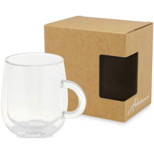 Double-walled 330 ml borosilicate glass mug, ideal for serving your favourite latte macchiato, hot chocolate or any hot drink. This mug is made of 100% durable borosilicate glass that conserves the freshness of the beverage, and it does not contain any harmful chemicals. Tested and approved under German Food Safe Legislation (LFGB), and tested for phthalates content according to REACH regulations. Volume capacity is 330 ml. Dishwasher safe. Presented in a recycled cardboard gift box.