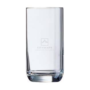 Tall water glass made from tempered glass. This glass is shock-resistant, extra strong and heat-resistant up to 130°C. Due to a process of heat and chemical reaction, the tempered glass is up to 5 times stronger than regular glass. If the glass breaks, it shatters into small glass grains. This water glass is beautifully designed with a stable base. Made in France. Capacity 350 ml.