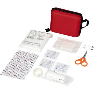 EVA pouch including 4 alcohol pads, 1 non woven sponge, 5 adhesive plasters, 1 paper tape, 1 bandage, scissors, 2 pins and 1 triangle bandage. EN13485 compliant.
