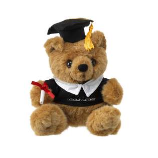 Bear with graduation gown, cap and diploma.