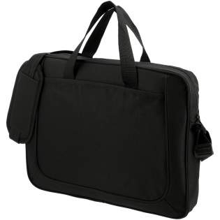 Zippered main compartment with double reinforced top carry handles. Open front pocket. Side accessory pockets and pen sleeves. Adjustable padded shoulder strap. 