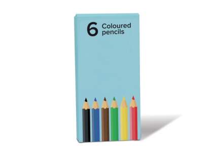 6 Crayons de couleur dans une boîte carton. Possibilité de faire votre boîte carton personnalisée à partir de 250pces.