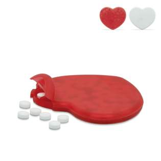 Boîte de bonbons menthe en forme de coeur. En couleurs transparentes rouge ou blanc opaque. Env. 7 grammes. Boîte de bonbons menthe en forme de coeur. En couleurs transparentes rouge ou blanc opaque. Env. 7 grammes.