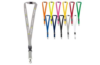 Polyester keycord with a detachable plastic buckle, a metal clip and a safety connection.