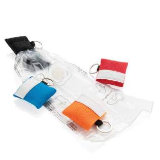 Small CPR face shield for mouth to mouth resuscitation in webbing style pouch with velcro closure and steel keyring. Conform EN 13485:2003.