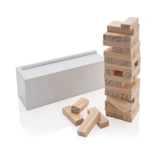 Jusqu'où pouvez-vous aller ? Voyez à quelle hauteur vous pouvez empiler les blocs de bois avant qu'ils ne tombent avec ce jeu amusant. Les 48 blocs peuvent être facilement rangés dans la boîte en bois avec couvercle. Fabriqué avec du bois certifié FSC®. Livré dans un emballage cadeau kraft certifié FSC®.