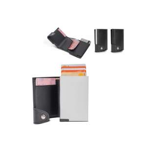 Sophisticated aluminum card holder with stylish leatherette wallet. The card holder protects your cards against RFID skimming. Simply push the button and retrieve up to six cards (four with embossing). The wallet can hold another credit card and bank notes.