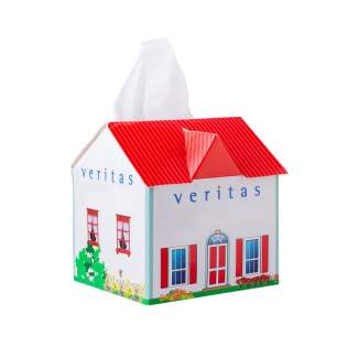 House-shaped tissue box filled with 50 3-ply tissues.