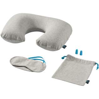 Soft travelset contains an inflatable neck pillow with bright blue zipper, eyemask with bright blue elastic, bright blue soft earplugs and a soft pouch with bright blue drawstring closure.