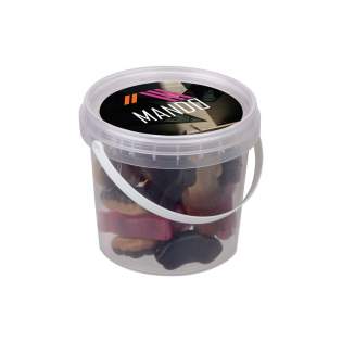 Mini transparent bucket with full colour sticker on the lid, filled with approx. 110 gram car shaped liquorice