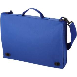 Conference bag with handle, adjustable shoulder strap, buckle closure and several document pockets.