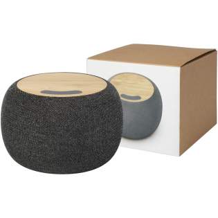 A more sustainable choice! The 3W Ecofiber speaker produces crystal clear sound by Bluetooth® or AUX connection, making it perfect for the office or at home. The trendy mixed material look of the bamboo and recycled fabric wrap will catch everyone's attention. The top part of the speaker also functions as a 10W wireless charging pad, capable of charging any wireless charging compatible device. The built-in 1200 mAh battery will keep the music playing for up to 6 hours. Built-in music control and microphone for hands-free operation. Comes with a 90 cm TPE 2A USB-A to Type-C charging cable. Bluetooth® working range is 10 meters (33ft). Bluetooth® version 5.3. Delivered with a kraft paper gift box and instruction manual. 