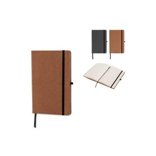 Stylish hardcover notebook with a natural look. The cover is made of recycled leather and is durable against wear and tear. The notebook contains 160 cream coloured pages and a ribbon. It can be closed by a elastic strap and has a loop for a pen.