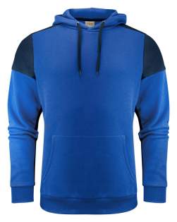 Bicolor hoodie. Contrasterend neklint. Kangoeroezak aan de voorzijde. Geborsteld aan de binnenzijde. 2x2 rib met elastaan aan de boord onderaan en aan de manchetten. Uitscheurbaar neklabel en afzonderlijk geweven maatlabel. Aan de binnenzijde van de linkerzijnaad werd een zakje voorzien voor het innaaien van een waschip. Oeko-Tex 100 gecertificeerd.