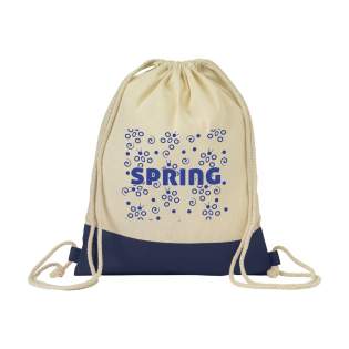 Backpack with drawstrings made of 100% cotton (125 g/m²) and a coloured inlay. Capacity approx. 8 liters.