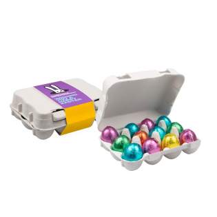 Box filled with 12 crispy chocolate Easter eggs, including full colour printed wrapper