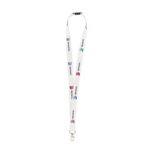 Strong woven RPET polyester lanyard (made from recycled PET bottles). Supplied with a metal carabiner and plastic safety lock. A durable and environmentally friendly product. Including full-colour sublimation print. Made in Europe.