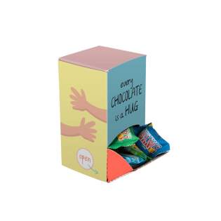 4c-Euroskala bedruckte Displaybox, gefüllt mit ca. 16 einzeln verpackten Tiny Tony Chocolonely