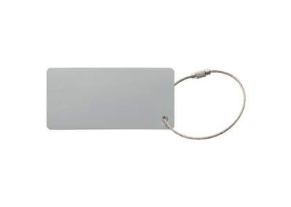 Aluminum, rectangular luggage tag with steel wire and twist lock. Comes with a card to write your personal information.