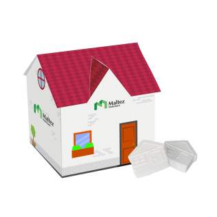 Huisvormig doosje all-over full colour bedrukt, gevuld met ca. 45 gram pepermuntjes in de vorm van een huisje