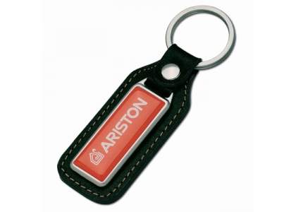 A metal rectangular keyring made from real leather with a single sided doming.