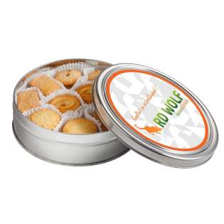 Plat rond blik met full colour sticker met ca. 340 gram assorti koekjes