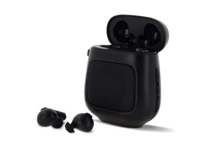 TruWireless earbuds and speaker in one. Suitable to play music to a group of people through the speaker, or just to yourself through the earbuds. Both features easily connect wirelessly.