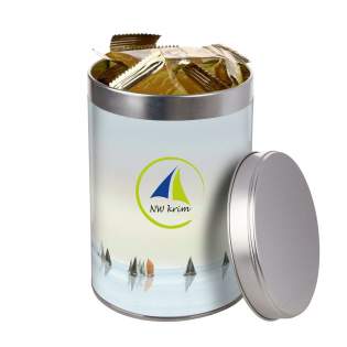 High round tin with full colour printed wrapper around and filled with 35 coffee cookies (approx. 225 gram)