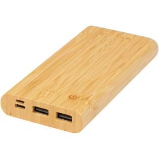 10.000 mAh power bank made from bamboo, featuring an ON/OFF touch button and 4 LED indicators to show the remaining battery capacity. Micro USB input 5V/2A, Type-C input 5V/3A, Type-C output 5V/3.1A max, dual USB-A output 5V/3.1A max, total power 15.5W. Delivered with a 30 cm TPE 3A Type-C to Type-C charging cable, an instruction manual and a kraft paper gift box. Since bamboo is a natural product, there may be slight variations in colour and size per item, which may affect the final printing outcome. 