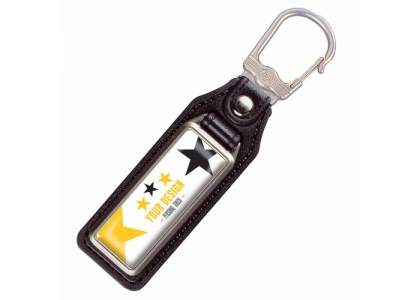 A metal, rectangular keyring with a single sided doming on leather tag.