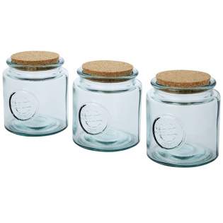 3-piece recycled glass set featuring three 800 ml jars with cork lid. Made from 3 glass bottles. Recycled glass is manufactured using less energy, raw material, and additives, than what is required for making traditional glass. Jar size: height 13 cm, diameter 12 cm. 
