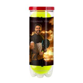 3 gas-filled padel balls packaged in a transparent tube with a label all around. ITF-approved