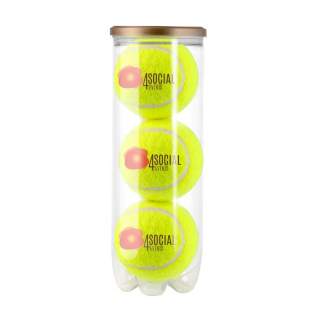 Transparante koker met 3 bedrukte drukloze tennisballen. Europees geproduceerd