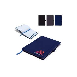 Hardcover A5 note book made of R-PET. This stylish and sustainable notebook comes with an elastic penloop and strap. The 160 checkered pages are made of reycled paper.