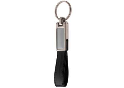 Keyring with a leather strap and rectangular doming.
