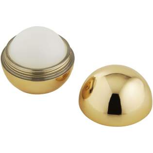 Vanilla-flavoured, neutral colour lip balm in metallic colour ball case. Twist off top lid to expose lip balm. One colour imprint, black ink only.
