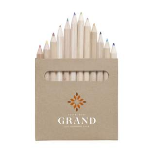 12 crayons de couleur artisanaux en bois uni, dans une boîte en carton recyclé.