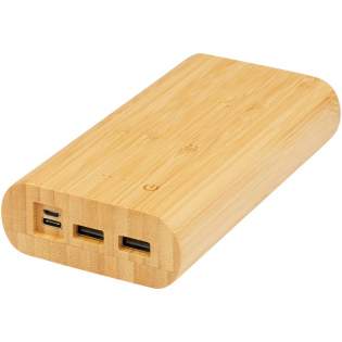 20.000 mAh power bank made from bamboo, featuring an ON/OFF touch button and 4 LED indicators to show the remaining battery capacity. Micro USB input 5V/2A, Type-C input 5V/3A, Type-C output 5V/3.1A max, dual USB-A output 5V/3.1A max, total power 15.5W. Delivered with a 30 cm TPE 3A Type-C to Type-C charging cable, an instruction manual and a kraft paper gift box. Since bamboo is a natural product, there may be slight variations in colour and size per item, which may affect the final printing outcome. 