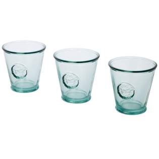 3-piece recycled glass set featuring three 250 ml cups. Made from 1 glass bottle. Recycled glass is manufactured using less energy, raw material, and additives, than what is required for making traditional glass. Cup size: height 9 cm, diameter 9 cm. 