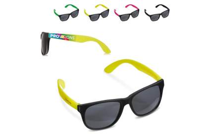 Moderne Sonnenbrille mit farbigen Bügeln und einem UV400-Filter. Hervorragende Wahl für ein günstiges Werbegeschenk! Druck auf einem oder beiden Bügeln möglich.