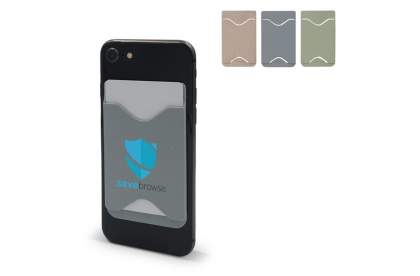 Card holder made of bio plastics with wheatstraw. Easy to attach to the back of a smartphone. Large imprint space.