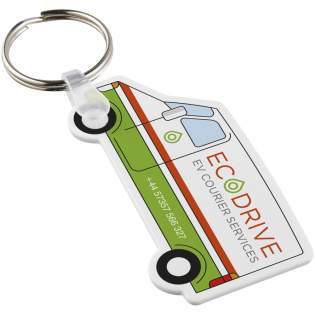 Weißer Schlüsselanhänger in Form eines Vans mit metallenem Schlüsselring. Der Metallring bietet ein flaches Profil, das sich ideal für Mailings eignet.